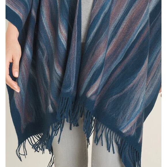 CHICO'S MARBLED FRINGED BLANKET RUANA WRAP | Blue Stripe NEW! - Picture 2 of 4